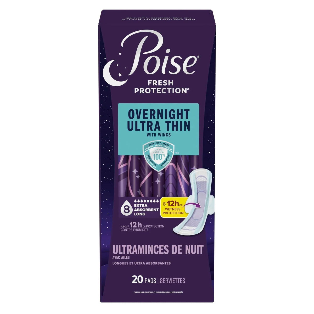 Poise Overnight Ultra Thin Incontinence Pads with Wings, 8 Drop Extra Absorbent, 60 Count