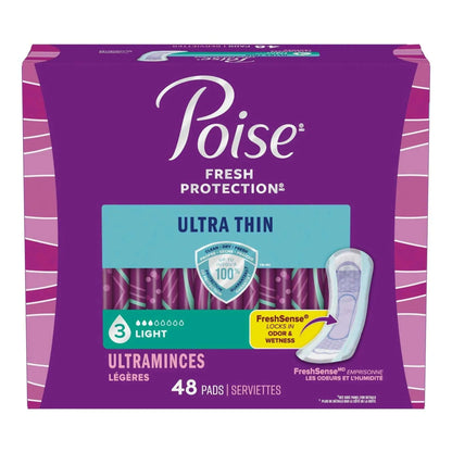 Poise Ultra Thin Incontinence Pads, 3 Drop Light Absorbency, Regular Length, 48 Count