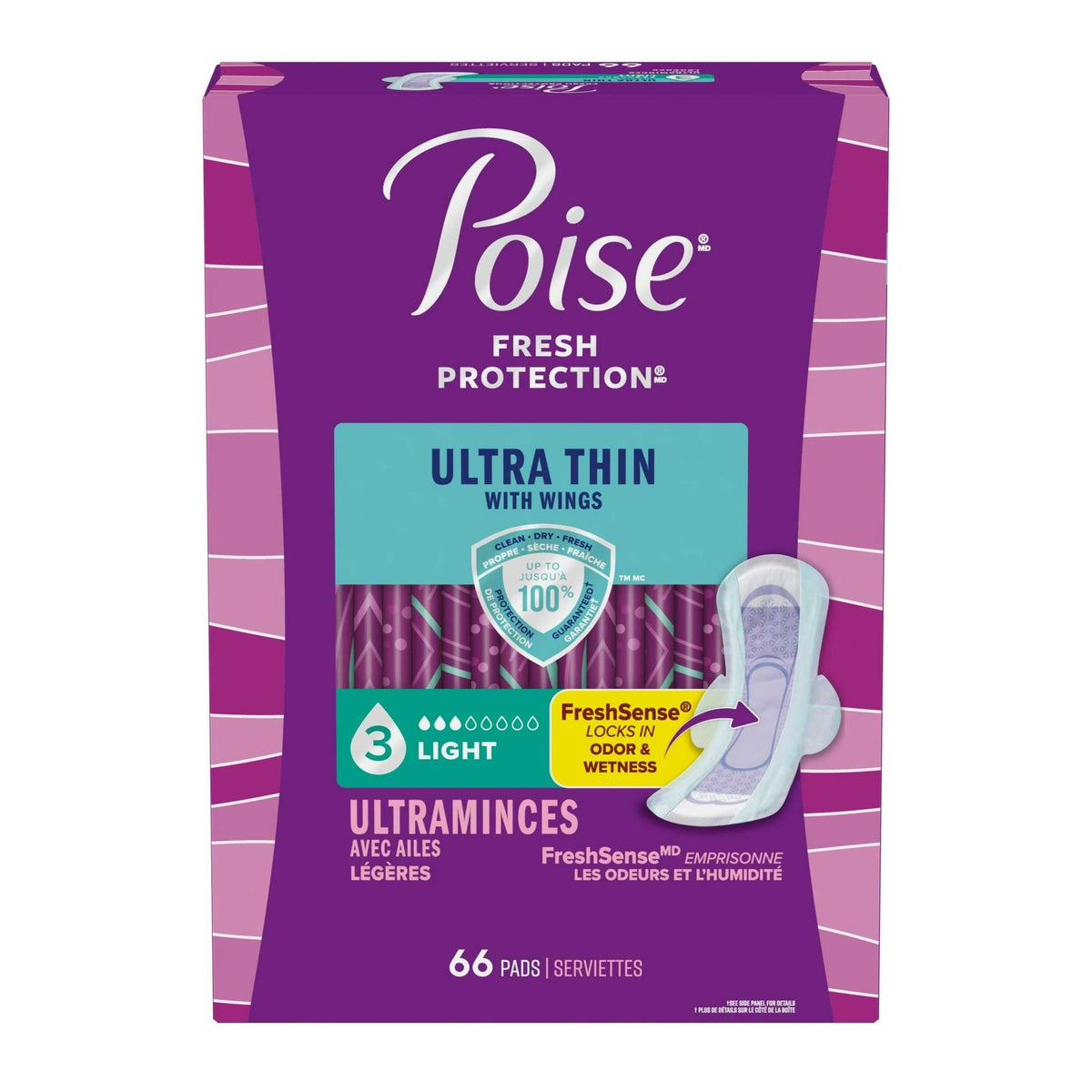 Poise Ultra Thin Incontinence Pads with Wings, 3 Drop Light Absorbency, 66 Count
