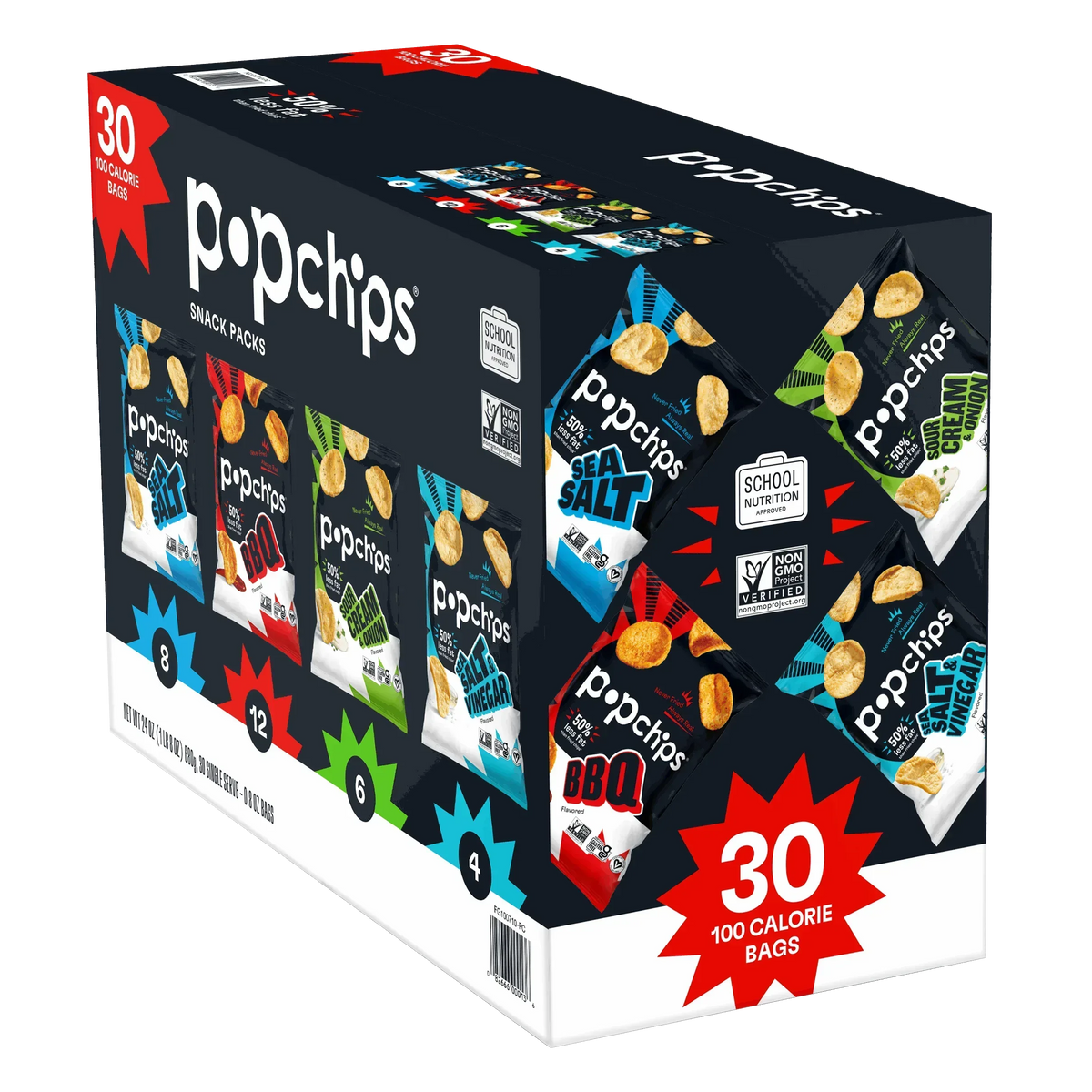 Popchips Potato Chips Snack Packs, Variety Pack, 0.8 oz, 30-count