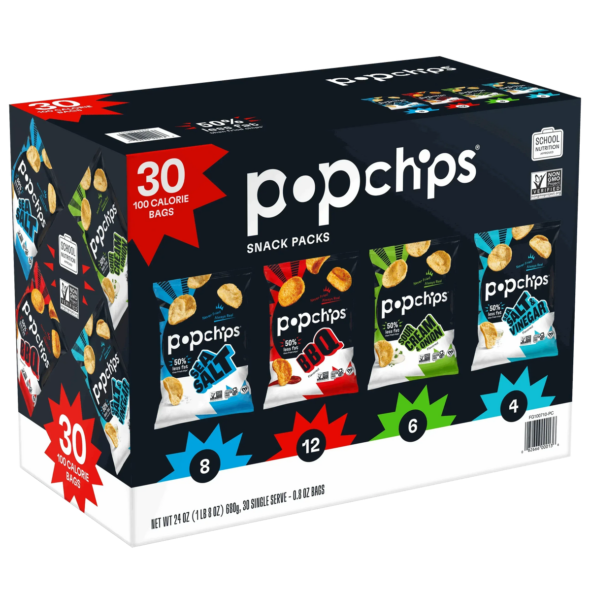 Popchips Potato Chips Snack Packs, Variety Pack, 0.8 oz, 30-count