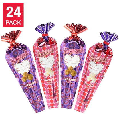 Popcornopolis Metallic Valentine's Day Hearts Mini Cones, Caramel Corn and Kettle Corn, 24 count