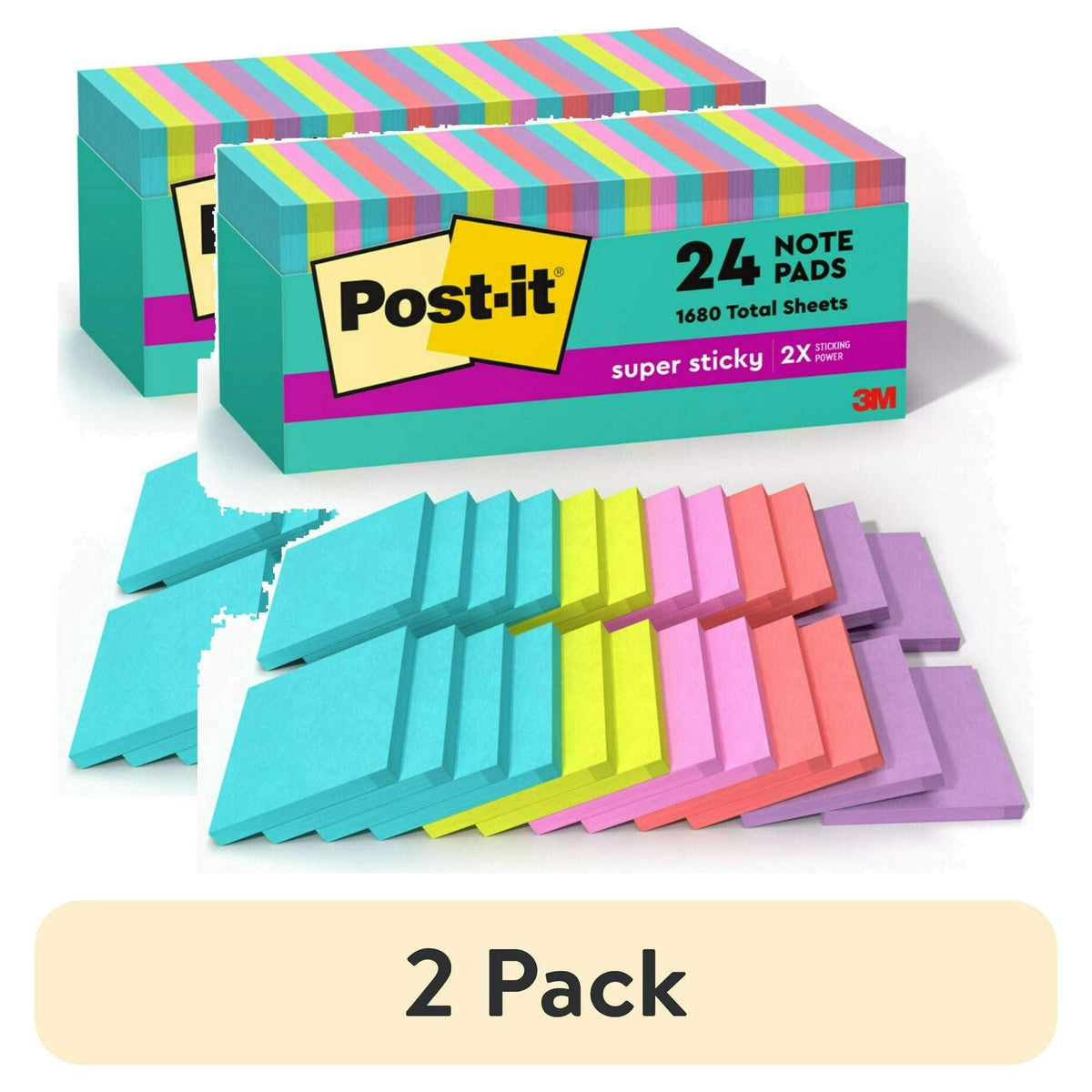 Post-it Super Sticky Notes, 3 in. x 3 in., Supernova Neons, 24 Pads