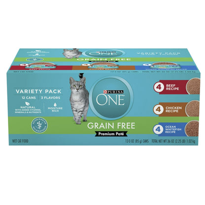 Purina ONE, Grain Free Natural Variety Pack, Wet Cat Food Pate, 3 oz Cans (12 Count)