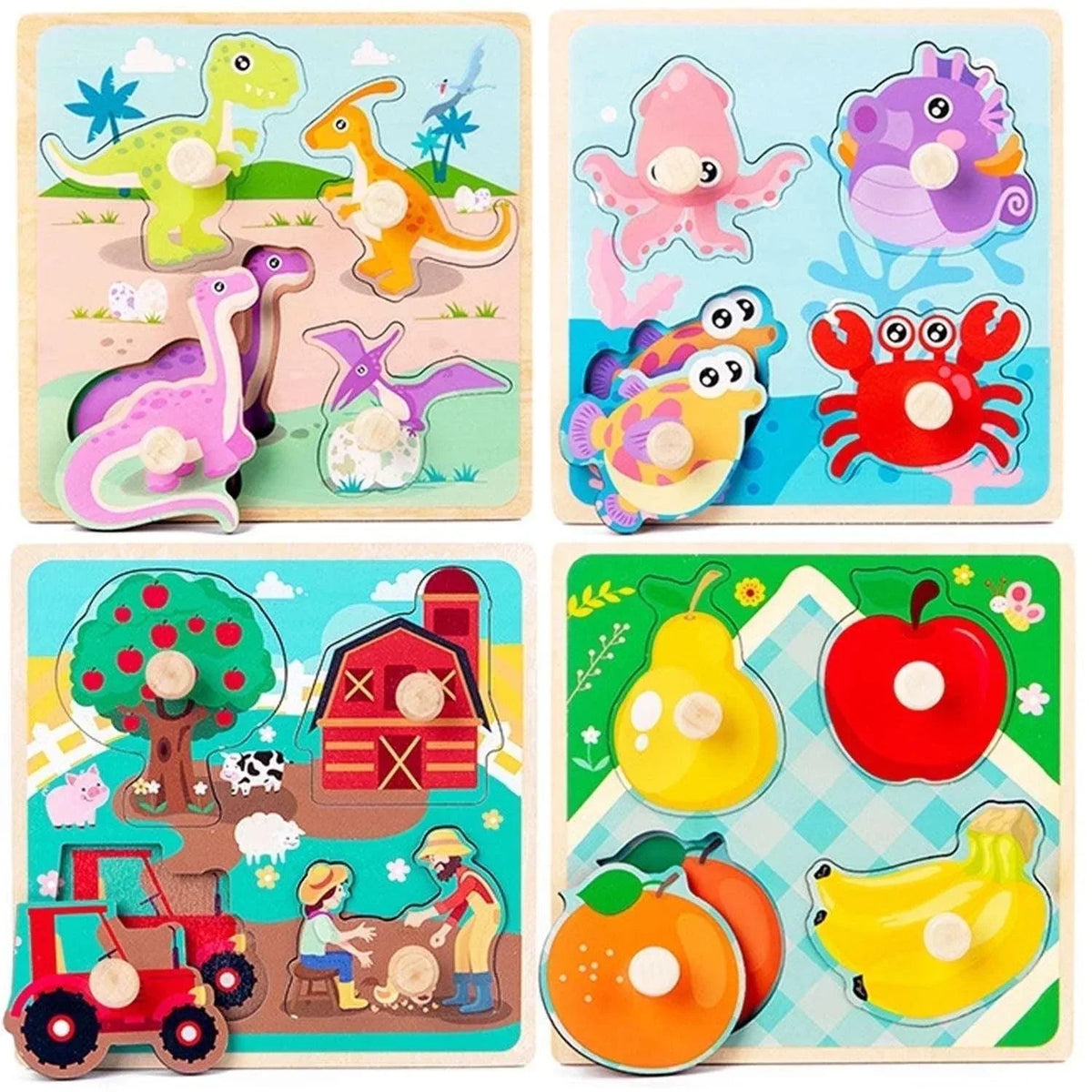 Puzzles for Kids, Wooden Peg Puzzles for Toddlers 2 3 4 Years Old, 4 Pcs Montessori Educational Learning Puzzles Set - Dinosaur, Farm, Sea Animal and Fruit