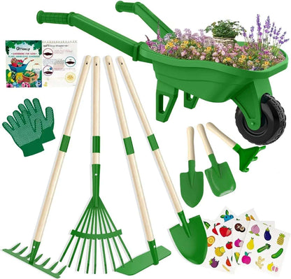 Kids Gardening Set with Wheelbarrow, Real Metal Garden Tools for Kids Ages 3-8, 4 Long Handle Tools, 3 Hand Tool, Gloves, 5 Stickers, Handbook, Outdoor Backyard Toys for Toddler Gift