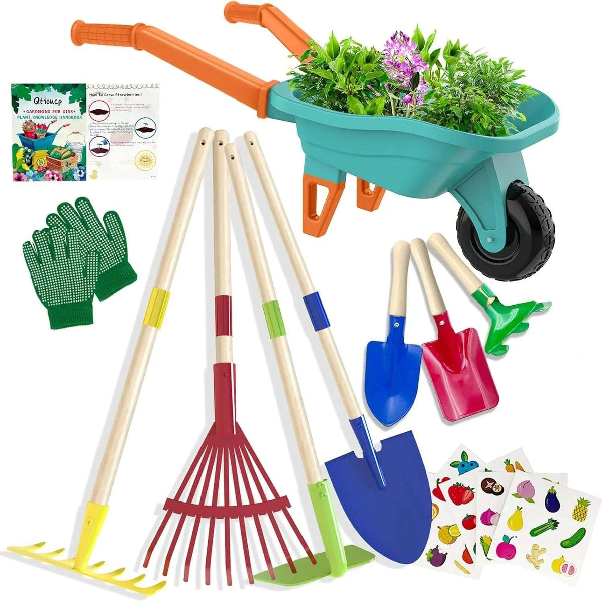 Kids Gardening Set with Wheelbarrow, Real Metal Garden Tools for Kids Ages 3-8, 4 Long Handle Tools, 3 Hand Tool, Gloves, 5 Stickers, Handbook, Outdoor Backyard Toys for Toddler Gift