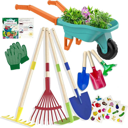 Kids Gardening Set with Wheelbarrow, Real Metal Garden Tools for Kids Ages 3-8, 4 Long Handle Tools, 3 Hand Tool, Gloves, 5 Stickers, Handbook, Outdoor Backyard Toys for Toddler Gift
