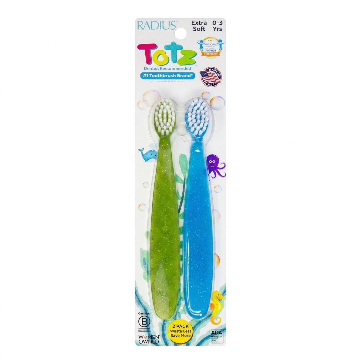 RADIUS Kids Toothbrush, Child Extra Soft, 1 YR+, Totz Toothbrush, Value Pack, 2 CT