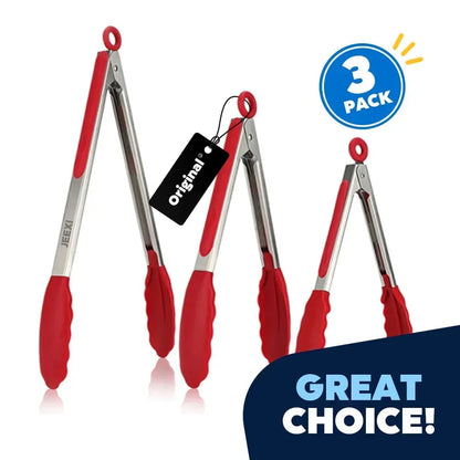 JEEXI Non-Stick Black Kitchen Tongs for Cooking with Silicone Tips Stainless Steel Tongs 450℉ Locking Set 3, Cooking Serving Grilling Barbecuing Salads Kitchen Clips Easy to Use