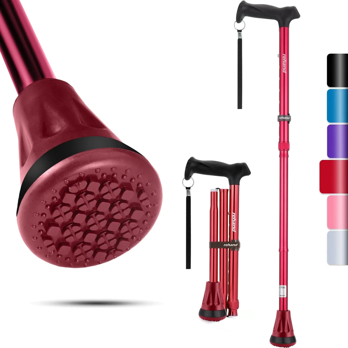 REHAND Adjustable Foldable Walking Cane for Seniors - Lightweight Heavy Duty Canes with Non-Slip Grip, Collapsible Design (Black)