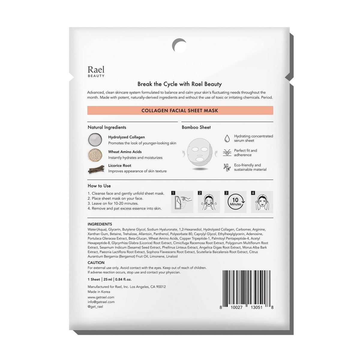 Rael Beauty Collagen Facial Mask for Wrinkles and Dry Skin, Plump and Smooth, 1 Count