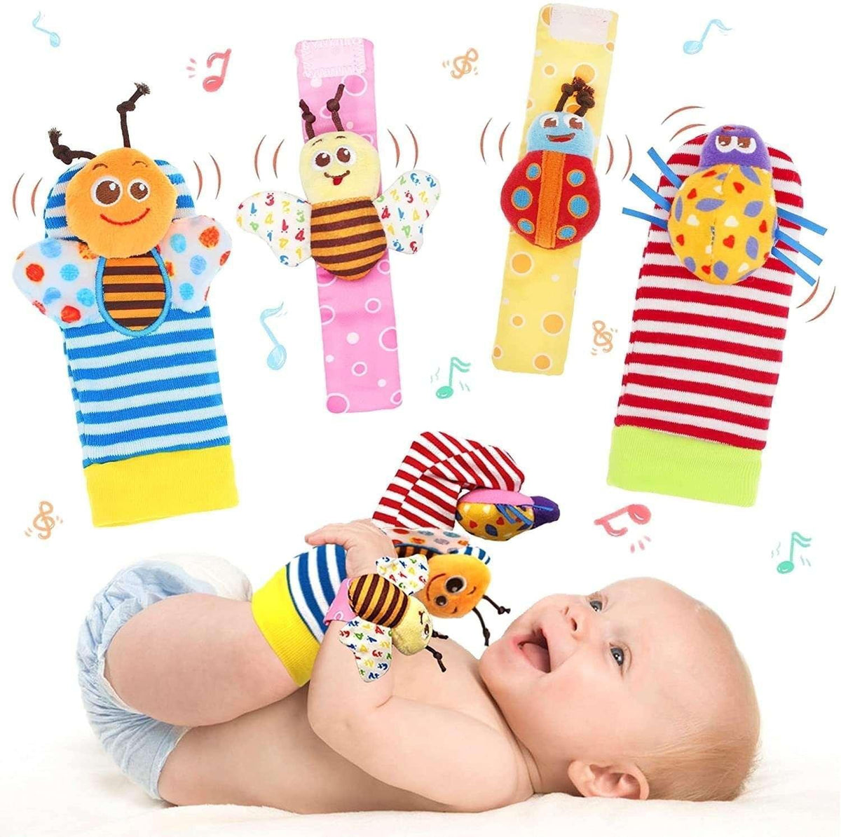 Rattle Toy,Arm Hand Bracelet Rattle,Feet Leg Ankle Socks, Present Gift for Newborn Infant Babies Boy Girl Bebe (4 Bugs)