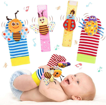Rattle Toy,Arm Hand Bracelet Rattle,Feet Leg Ankle Socks, Present Gift for Newborn Infant Babies Boy Girl Bebe (4 Bugs)
