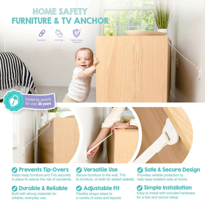 Regalo Anti-Tip Furniture Anchors for Child Safety, Furniture & TV Safety Straps for Dressers, Cabinets & TVs, 2 Pack