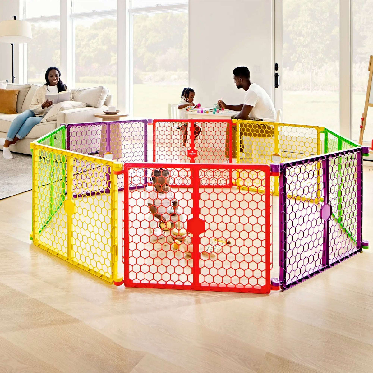 Regalo XL 2-in-1 Baby Safety Gate and Play Yard, Extra-Wide Configurable Panels, 260-Inch Coverage, Ages 6–24 Months, Multi-Color