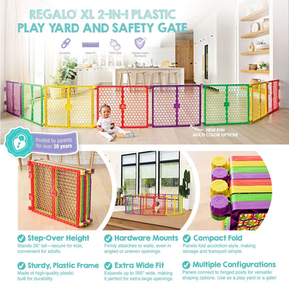 Regalo XL 2-in-1 Baby Safety Gate and Play Yard, Extra-Wide Configurable Panels, 260-Inch Coverage, Ages 6–24 Months, Multi-Color