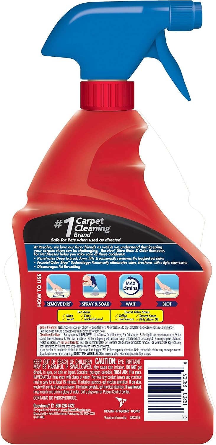 Resolve Ultra Pet Odor and Stain Remover Spray – Carpet Cleaner for Cat and Dog Urine and Poop, 32oz (Pack of 2)