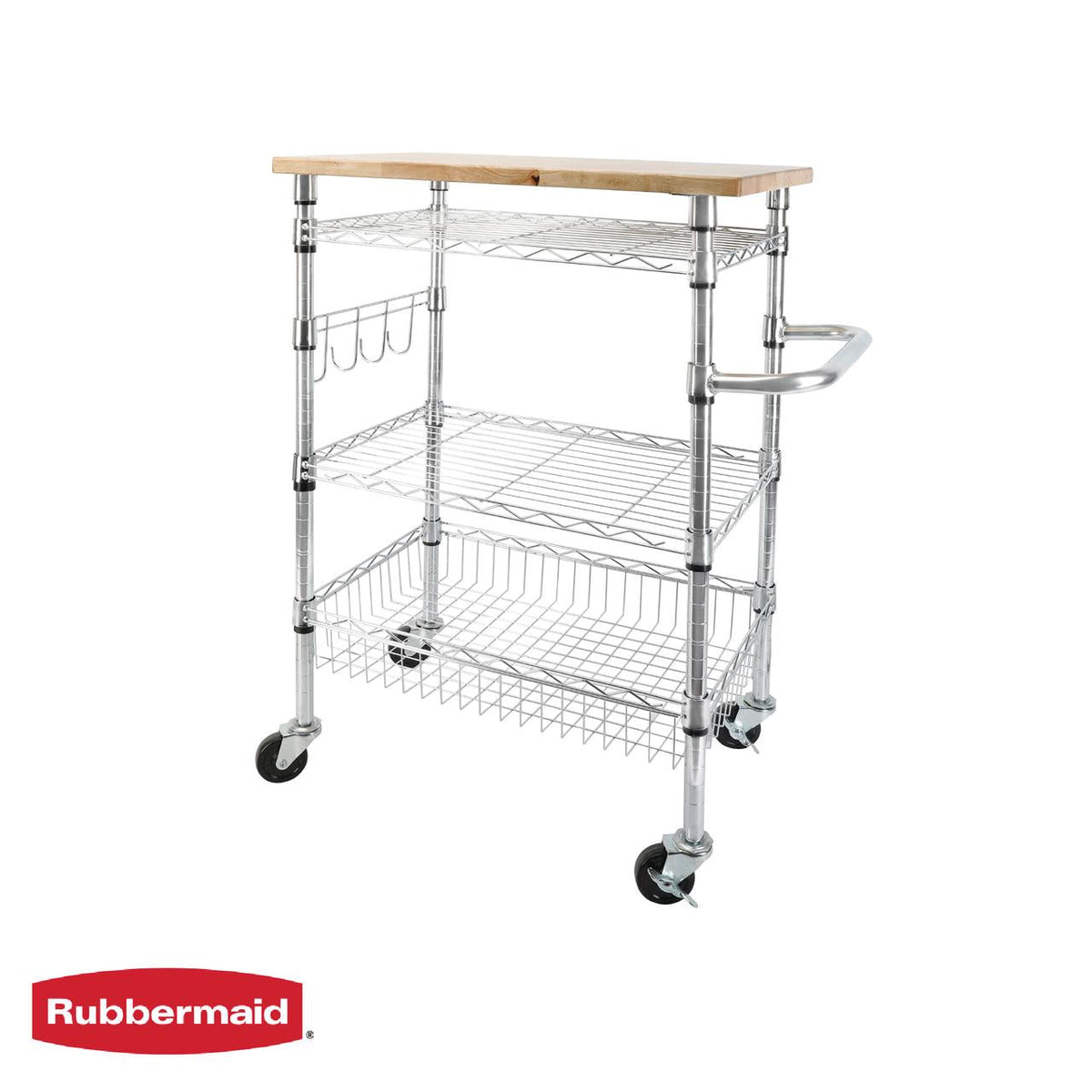 Rubbermaid 3-Tier Heavy Duty Black Rolling Utility Cart with Solid Wood Top, 300lb Capacity