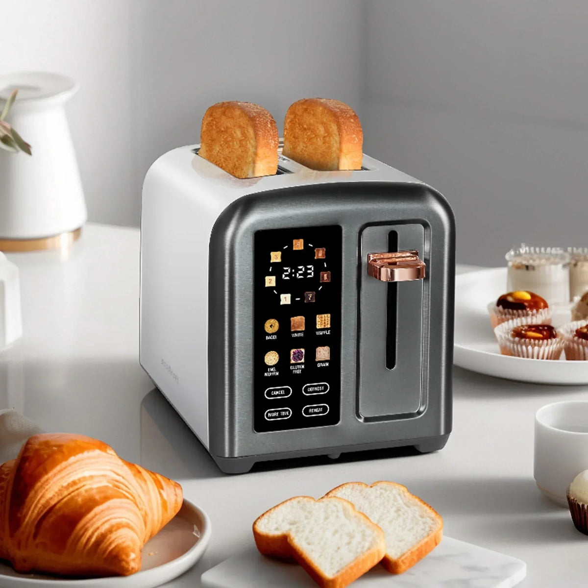 SEEDEEM Toaster 2 Slice, Touch Control Stainless Toaster LCD Display, 50% Faster Heating Speed, 1.4'' Wide Slots, More Timer Functions, Removable Crumb Tray, 1350W, Dark Metallic
