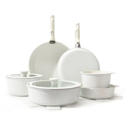 SENSARTE Nonstick Cookware Sets with Detachable Handles, 17Pcs Granite Pots and Pans Set, Induction Kitchen Cookware Sets Stackable White