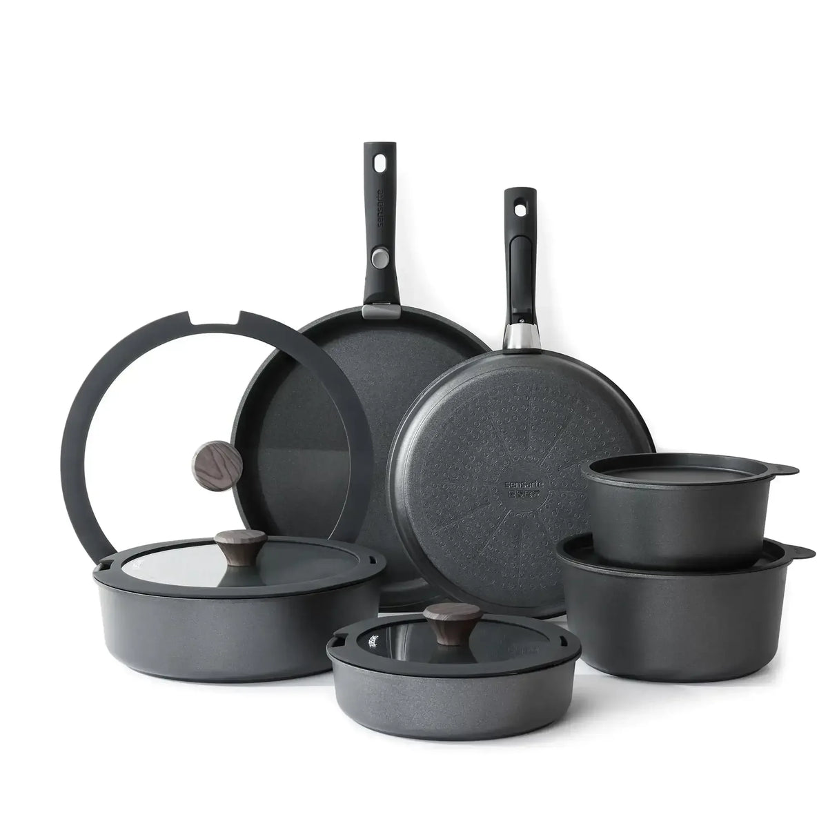 SENSARTE Ceramic Nonstick Pots and Pans Set with Detachable Handle, 18Pcs Induction Kitchen Cookware Sets Stackable, Dishwasher/Oven Safe(Navy Blue)