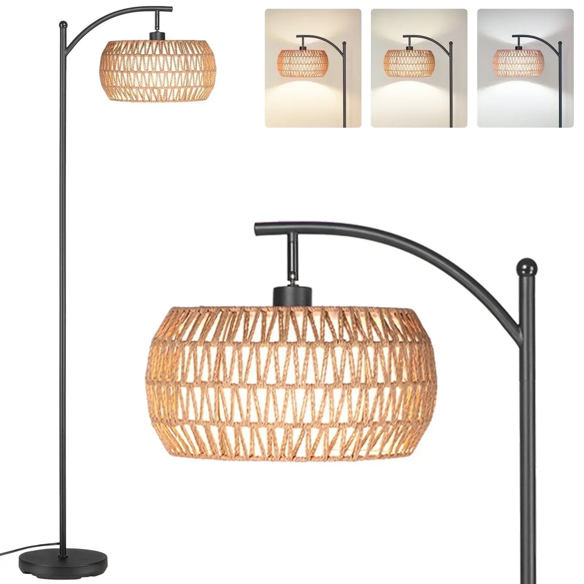 SUNMORY 63'' Dimmable Arc Rattan Floor Lamp, Black Standing Lamp with Rattan & Fabric Double Drum Shade, Boho Farmhouse Tall Lamp for Living Room, Lamps for Bedroom