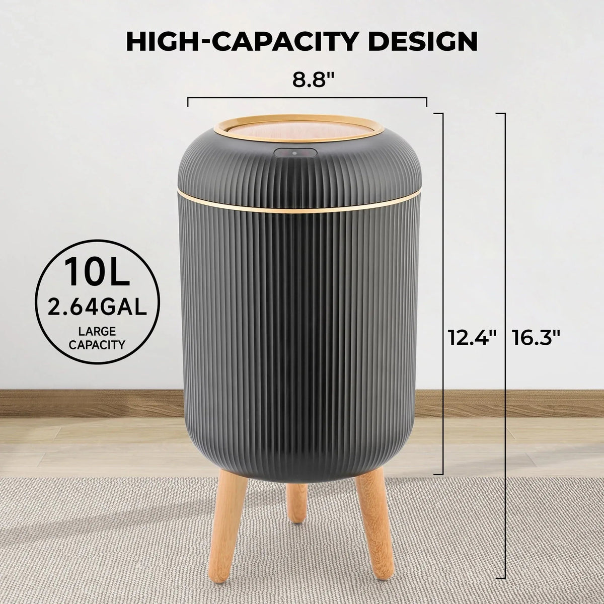 SUSLAS Trash Can with Motion Sensor, Touchless Automatic Lid and Waterproof Design, Smart Waste Bin for Bathroom Kitchen, 2.6 Gallon Plastic, Black