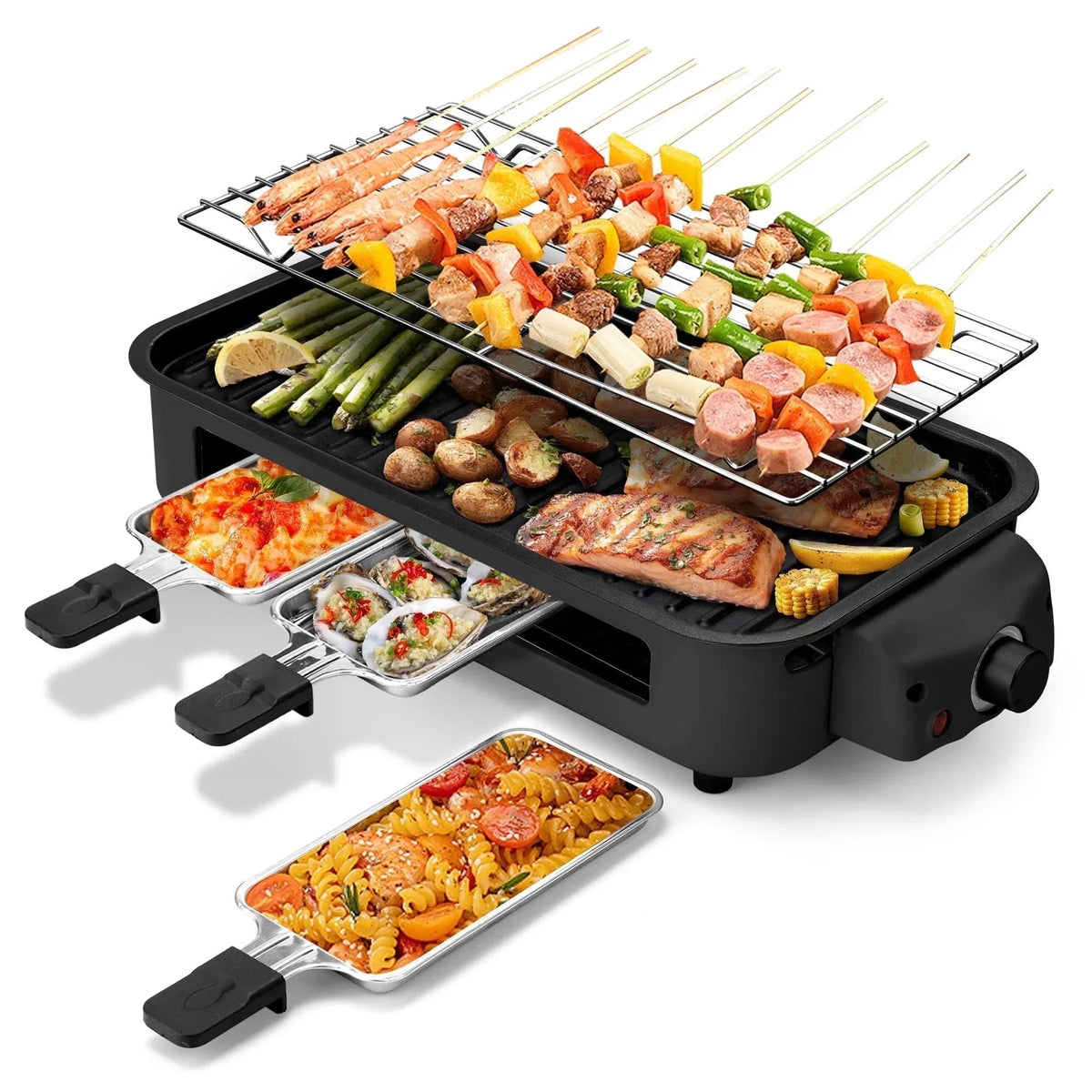 SUSLAS Electric Indoor Grill & Griddle, 1800W Smokeless Design with 4 Removable Nonstick Plates, Dishwasher Safe, Adjustable Temperature Control for Indoor Cooking