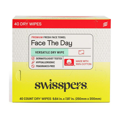 Swisspers Face the Day Dry Wipes, Disposable Facial Towels, Large 100% Cotton Makeup Remover Wipes, Dermatologist-Tested, Hypoallergenic, Soft & Strong, Fragrance-Free, Lint-Free, 40 Count