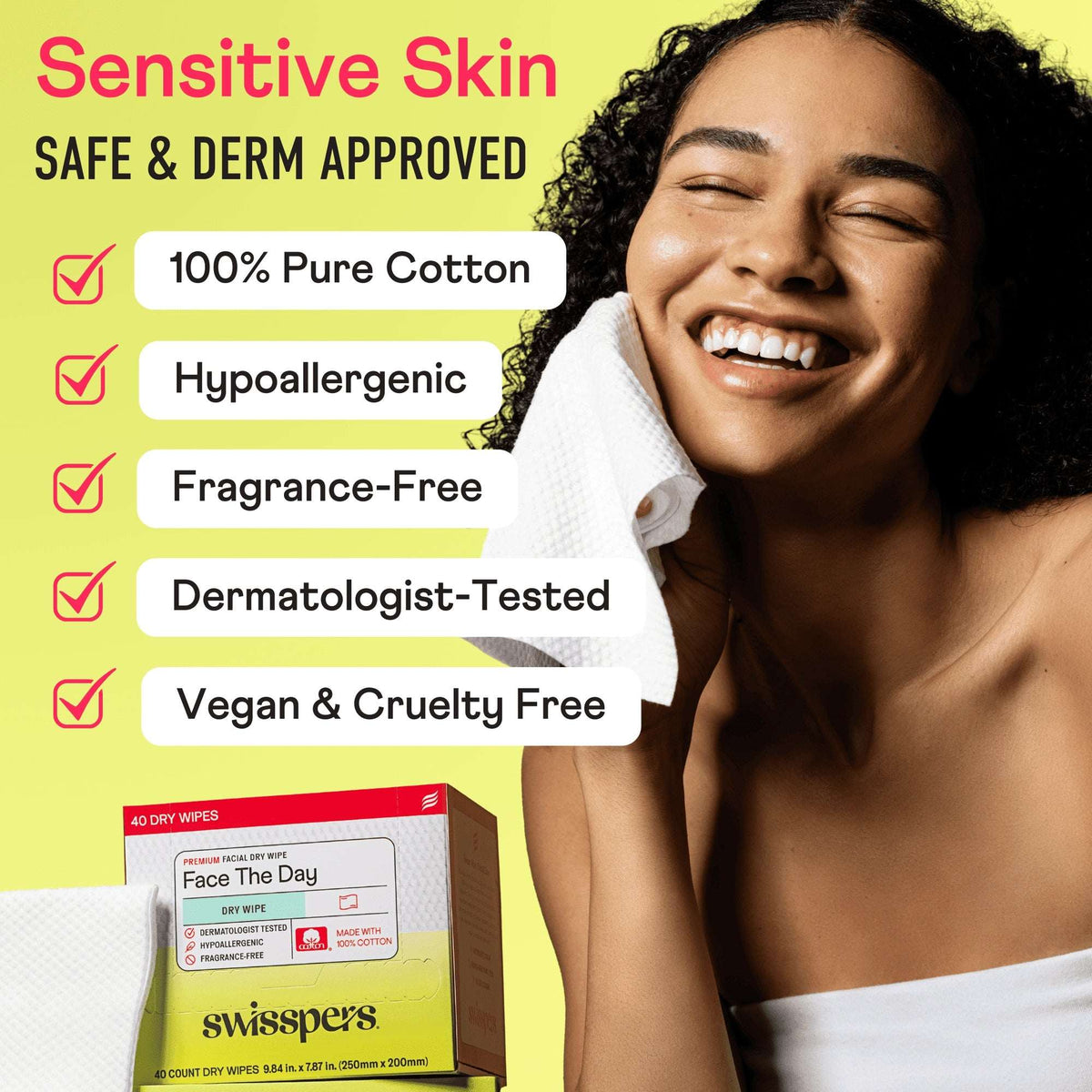 Swisspers Face the Day Dry Wipes, Disposable Facial Towels, Large 100% Cotton Makeup Remover Wipes, Dermatologist-Tested, Hypoallergenic, Soft & Strong, Fragrance-Free, Lint-Free, 40 Count