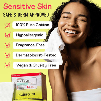 Swisspers Face the Day Dry Wipes, Disposable Facial Towels, Large 100% Cotton Makeup Remover Wipes, Dermatologist-Tested, Hypoallergenic, Soft & Strong, Fragrance-Free, Lint-Free, 40 Count