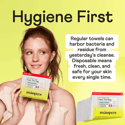 Swisspers Face the Day Dry Wipes, Disposable Facial Towels, Large 100% Cotton Makeup Remover Wipes, Dermatologist-Tested, Hypoallergenic, Soft & Strong, Fragrance-Free, Lint-Free, 40 Count