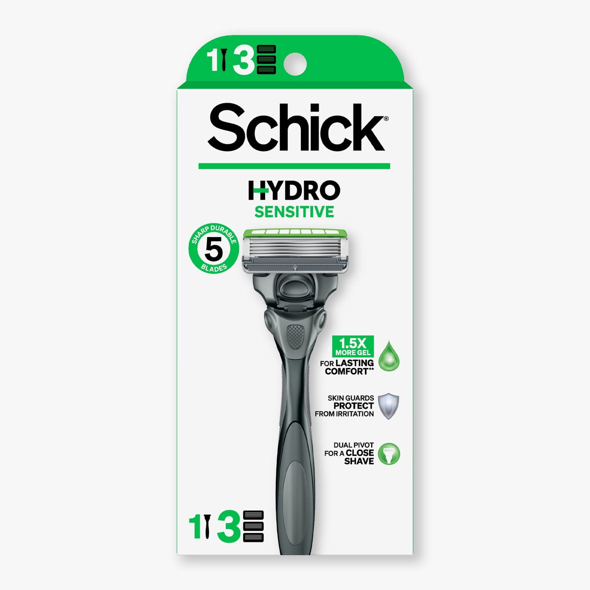 Schick Hydro Sensitive 5 Blade Razor for Men, 1 Razor Handle with 3 Refills