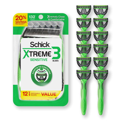 Schick Xtreme 3 Blade Disposable Razors for Men, 12 Ct, Men's Sensitive Skin Manual Razors