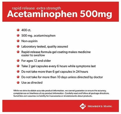 Member’s Mark Extra Strength Acetaminophen 500 mg Tablets, 400 Count