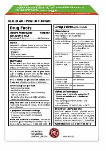 Member's Mark Children’s Cetirizine Allergy Relief Oral Solution, Sugar-Free Grape Flavor