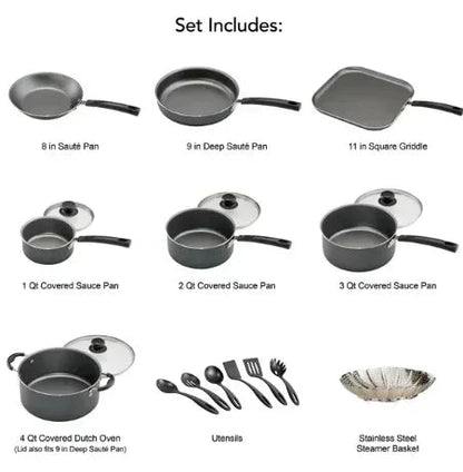Tramontina Primaware 18 Piece Non-stick Cookware Set, Steel Gray