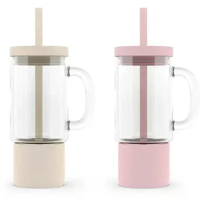Ello Nova 2-Pack Glass Tumbler with Straw, Cream & Pink, 18oz