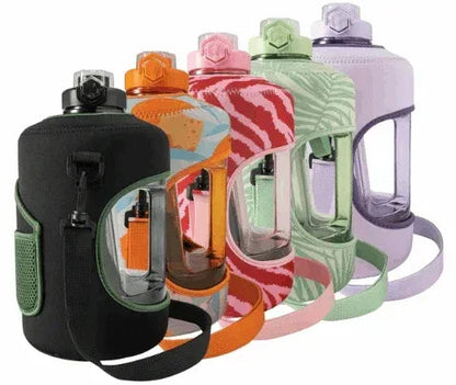 TAL Motivational Gallon Jug Water Bottle with Handle, Push Button Lid & Straw, Neoprene Sleeve, Easy-Carry Strap, Green Palms
