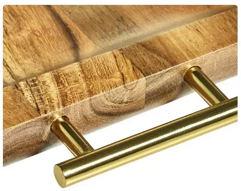 Better Homes & Gardens- Acacia Wood Rectangle Tray with Gold Color Handles, One Size