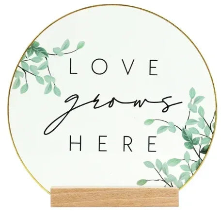 Inspirational "Love Grows Here" Translucent Tabletop Plaque with Solid Wood Base Stand
