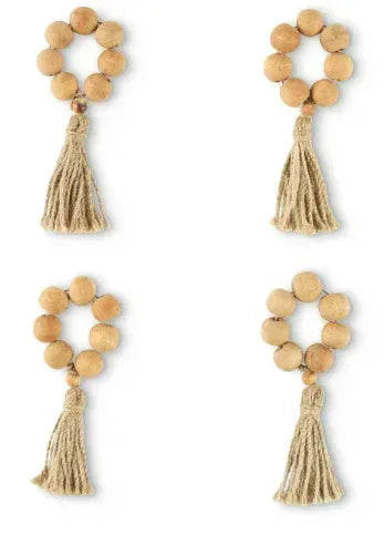 Better Homes & Garden Wood Bead and Tassel Napkin Rings, Natural, 2.5"W x 6"L, 4 Pieces