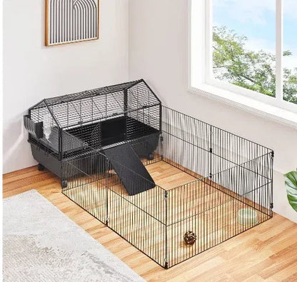 SmileMart Rolling Small Animal Cage with Playpen Ramps & Water Bottle for Rabbits, Black