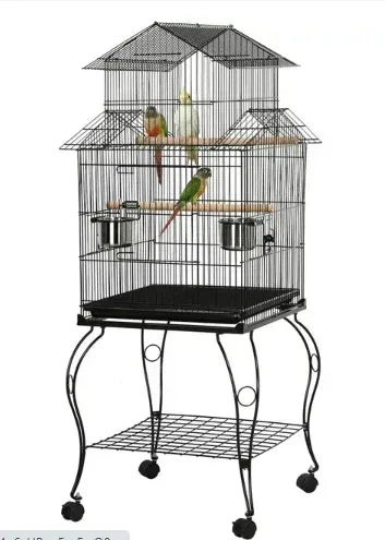 SMILE MART Metal Rolling Bird Cage with Triple Roof Detachable Stand for Birds Finches Lovebirds Canaries Cockatiels Conures Parakeets, Black
