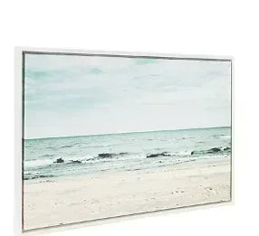 Kate and Laurel Sylvie Beach with Waves, Ocean Shoreline Color Photograph, Framed Canvas Wall Art by F2 Images, 23x33 White