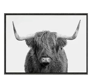 Kate and Laurel Sylvie B&W Highland Cow No. 1 Portrait Framed Canvas Wall Art by Amy Peterson, 28x38 Gray