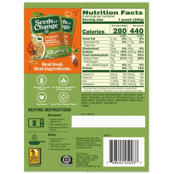 Seeds of Change Organic Quinoa & Brown Rice with Garlic & Lentils, 6-count