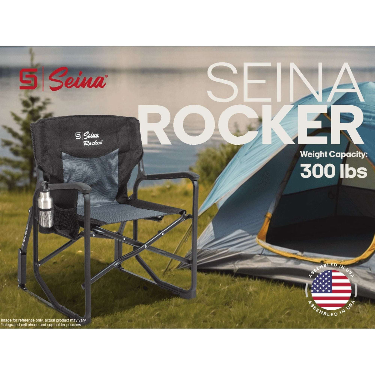 Seina Rocker, Outdoor Foldable Rocking Chair with Hard Armrests, Cup Holder and Side Pocket for Adults, Collapsible, Weight Capacity up to 300 lbs, Gray and Black