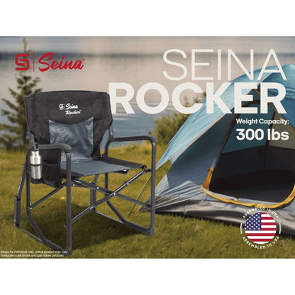 Seina Rocker, Outdoor Foldable Rocking Chair with Hard Armrests, Cup Holder and Side Pocket for Adults, Collapsible, Weight Capacity up to 300 lbs, Gray and Black
